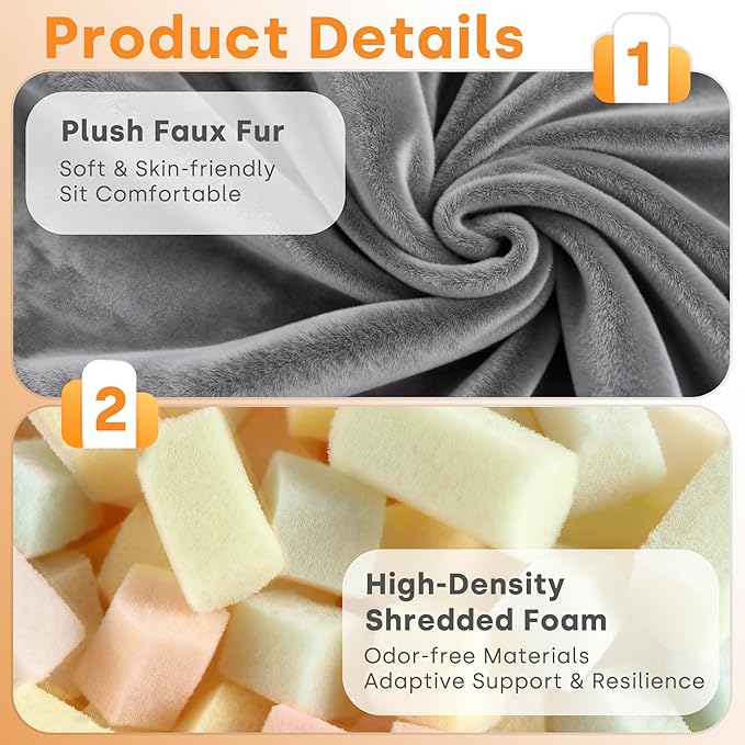 COSIEST Bean Bag Chair, Big Comfy Couch with Side Pocket, Furry Beanbag Chair with Foam Filler for Adults & Kids, Stuffed Accent Sofa for Reading, Lounge Floor Sofa for Living Room, Bedroom, Grey