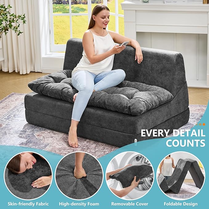 Hobestluk Sofa Couch Folding Sofa Bed Sleeper Comfy Floor Lounger Loveseat Sofa with Removable Cushion Couches Foldable Mattress for Living Room Bedroom or Office (Chenille Grey, Oversize)
