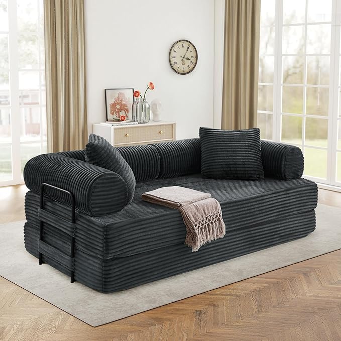 Modular Couch Bed, Convertible Folding Plush Corduroy Comfy Floor Memory Foam Compression Loveseat Sleeper Sofa Couch, King Size Bed for Guest Room Living Room Bedroom, No Assembly Required, Dark Grey