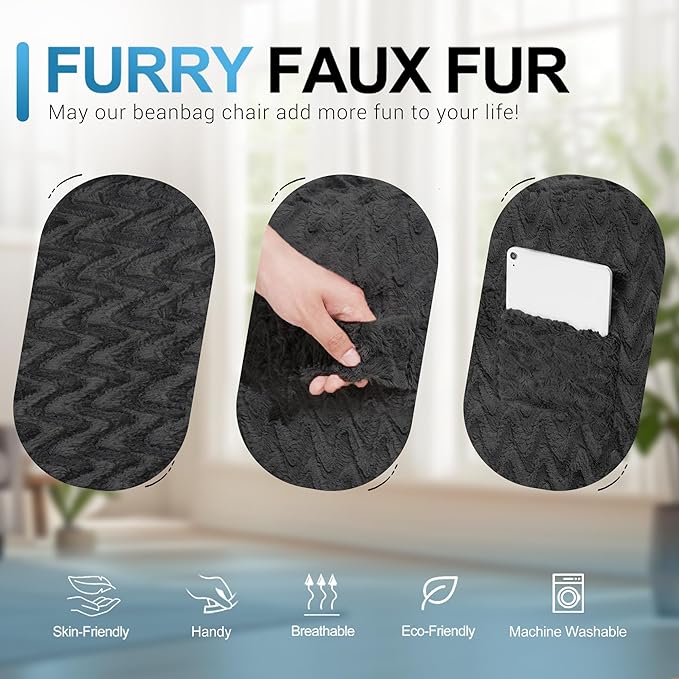 HABUTWAY 3FT Bean Bag Chair,Giant Bean Bag Chairs for Adults,Big Bean Bags with Memory Foam Filled, Large Beanbag Chairs with Chevron Plush Cover-Black