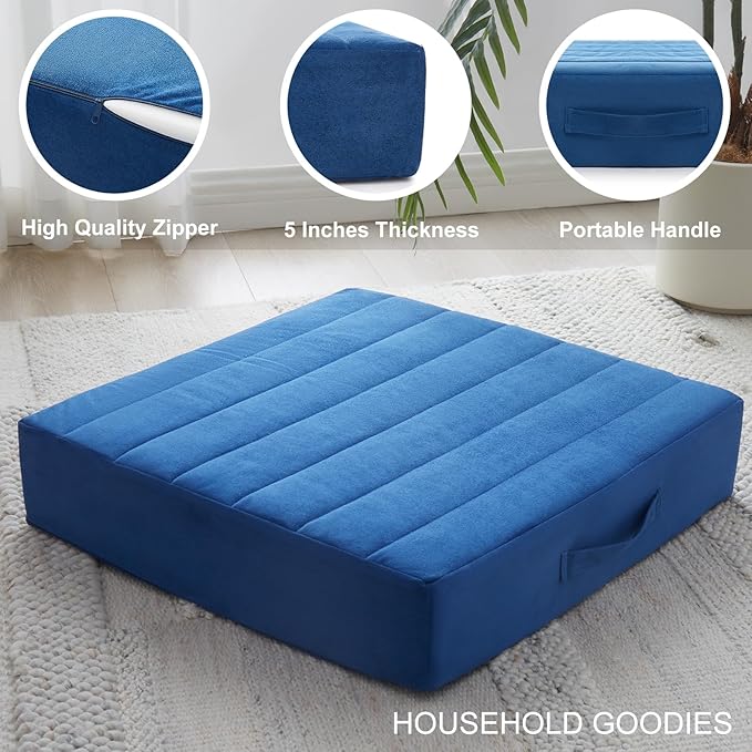 JKMAX 22 inches Floor Pillow for Adults - Large Meditation Cushion with Thick Foam & Soft Tufted Cover - Premium Outdoor Square Floor Cushion Seat - Yoga Pillows for Sitting On Floor - Navy Blue