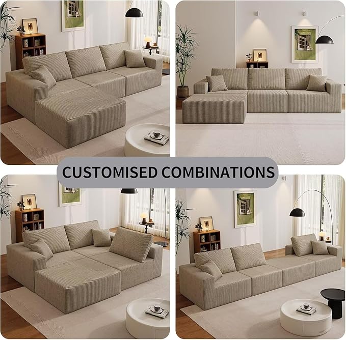 139" Boneless Cloud Sectional Sofa, Modular L-Shaped Couch with Deep Seat, No Assembly Required, Frameless Corduroy Sofa, 4-Seater with Left-Facing Chaise, Grey