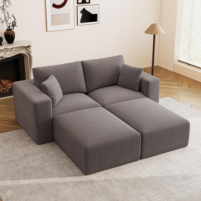 79" Modular Sectional Sofa, Boneless Couch Loveseat Memory Foam Cloud Couch with Ottoman, Cozy 2 Seater Corduroy Floor Couch, No Assembly Required Living Room Furniture for Apartment Bedroom, Grey