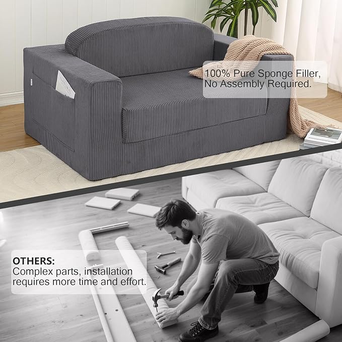 MeMoreCool Convertible Sofa Bed, Pull Out Loveseat Sleeper Sofa, Small Boneless Cloud Couch Bed for Adults, Fold Out Foam Love Seat, Corduroy Folding Floor Couch for Bedroom, Dark Grey