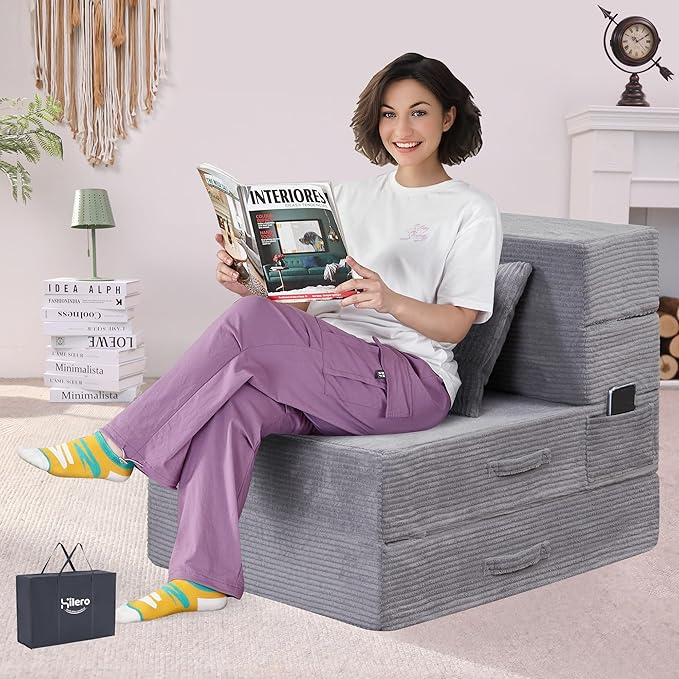 HILERO Folding Sofa Bed, 4 in 1 Convertible Sleeper Chair with Pillow, Single Memory Foam Fold Out Chair Bed, Modern Floor Futon Sofa Couch Mattress for Living Room/Guest/Apartment, Light Gray