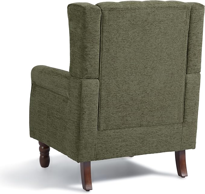 DREAMSIDEA Accent Chair, Upholstered Armchair with Button Tufted High Back & Solid Wood Legs, Comfy Wingback Reading Single Sofa Chair for Small Spaces, Living Room, Bedroom (Green, Set of 2)