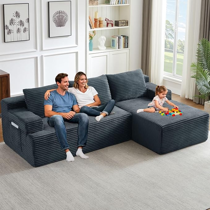96.1" Modular Sectional Sofa Couches L-Shape Couch 3 Seat Modular Sofa Corduroy Memory Foam Sectional Boneless Couches for Living Room, Cloud Couch with Oversized Chaise(Dark Gray, Right Facing)