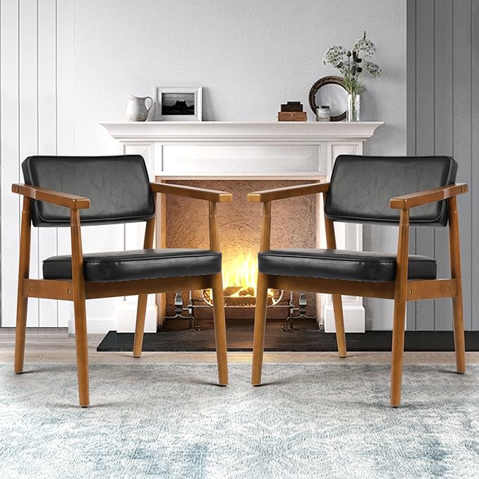 LSSPAID Mid Century Dining Chairs with Wooden Handrail, Black Fabric Upholstered Faux Leather Armchair Comfy Backrest Modern Kitchen Chairs for Bedroom Living Room Dining Room, Set of 2