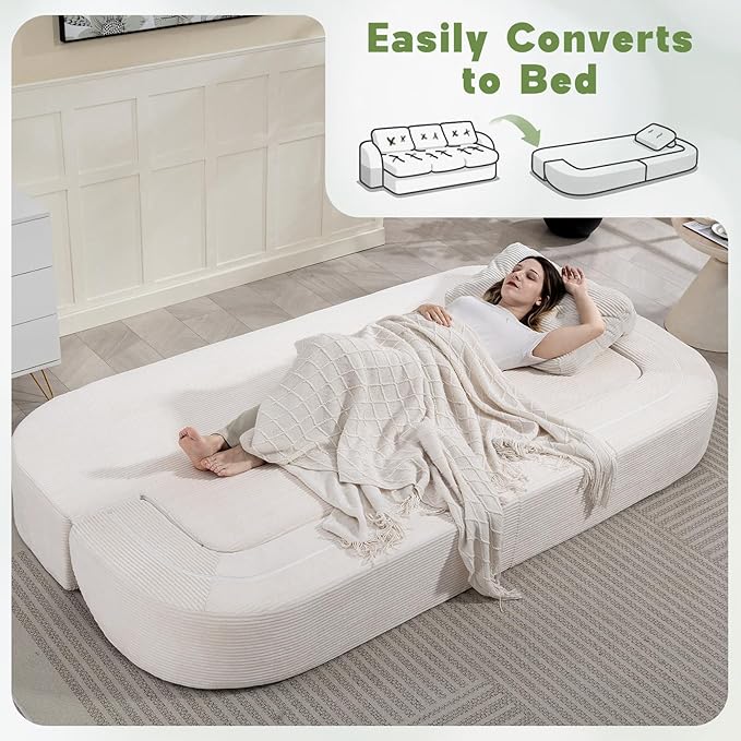 MeMoreCool Cloud Couch – 3-Seater Convertible Sofa Bed, Tufted Cushion, Corduroy, No Assembly, Beige Compact Floor Sofa | Foldable Boneless Design | Comfy Sleeper for Living Room & Small Spaces