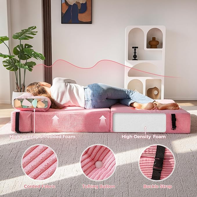 MAXYOYO Folding Sofa Bed, Convertible Sofa Bed with High-Density Support Foam, Portable 4 in 1 Fold Out Chair to Floor Lounger, Versatile Floor Couch for Living Room Bedroom, Pink