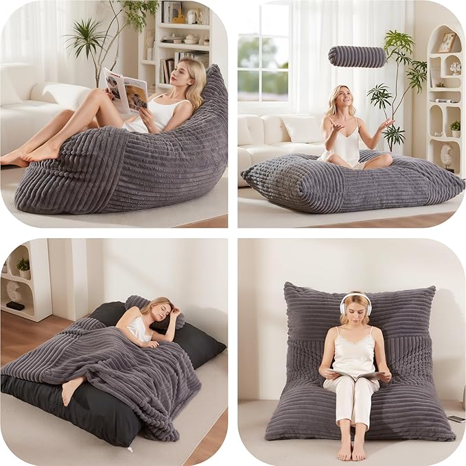 5 in 1 Bean Bag Chair with A Roll Pillow,Giant Bean Bag Chairs for Adults,Ultra Soft & Machine Washable Cover,Convertible Sofa Bed Floor Couch Lounger for Living Room,Bedroom