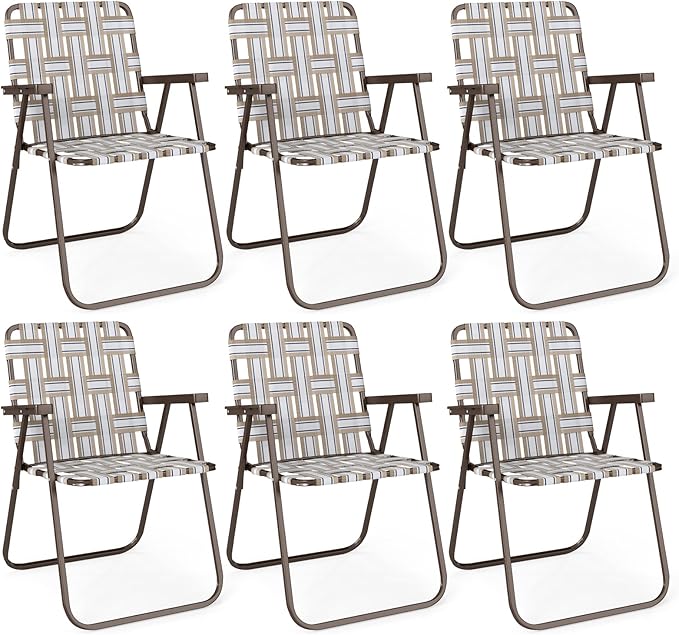 GYMAX Lawn Chair Folding, Webbed Beach Lounge Chairs Set with Highback, Outdoor Portable Lightweight Camping Dinning Chair for Patio, Lawn, Poolside, Sports, Garden, Backyard (6,Coffee)