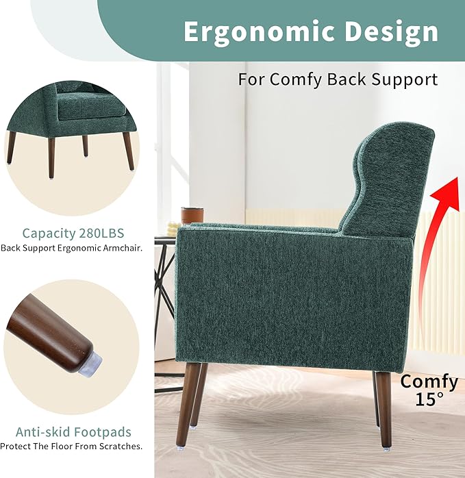 CHSICFOR Modern Accent Chair, Upholstered Arm Chair with Waist Pillow, Single Sofa Chair for Living Room Bedroom Small Spaces (Green)