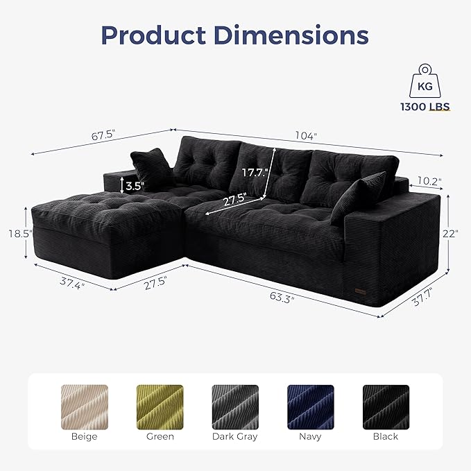 MAXYOYO 104" L Shaped Modular Sectional Sofa with Ottoman, Cloud Boneless Couch with Layered Cushion, Upholstered Sofa in a Box, Flexible Module Combination for Living Room, No Assembly, Black