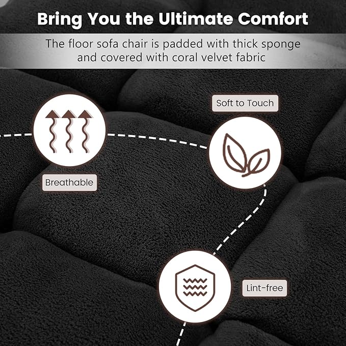 Floor Chair with Back Support, Foldling Gaming Sofa Chair with Comfy Cushion, Adjustable 14-Position Meditation Chairs, Lazy Lounge Recliner Reading Seat for Adults, Kids (Black)