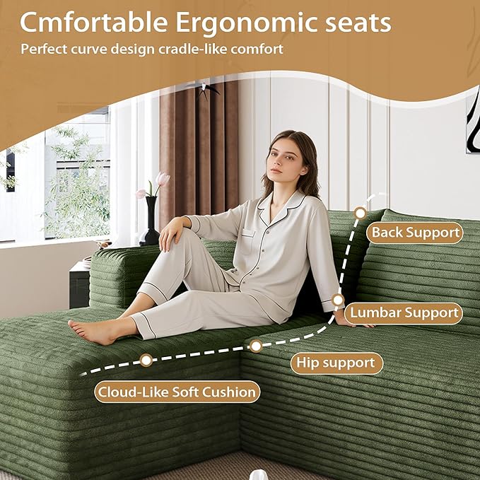 AUGOP 96" Sectional Couches for Living Room Modern Modular Sofa with L-Shape Couchs Upholstered Boneless Couch Deep Seat Sectional Couch with Chaise (Green, 96" Left Facing Chaise+2Seaters)