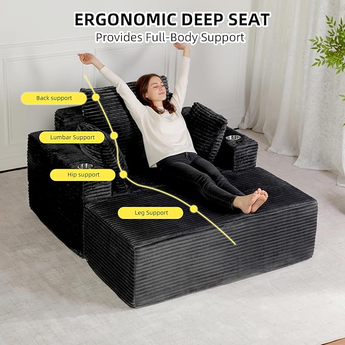 54"W Oversized Chaise Lounge Chair Indoor, Boneless Chaise Lounge Couch, Convertible Comfy Reading Chairs, Corduroy Sleeper Couch Chair for Living Room, Compression Sofa with Ottoman, Dark Grey