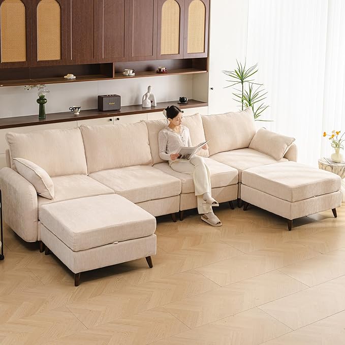 Rexulqo 135'' Modular Sectional Sofa with All Seats Storage, Oversized U Shaped Couch,4-Seater Comfy Cloud Couch with Movable Ottoman,24.5'' Deep Seat,Big Sofas for Living Room,Bedroom,Velet,Cream