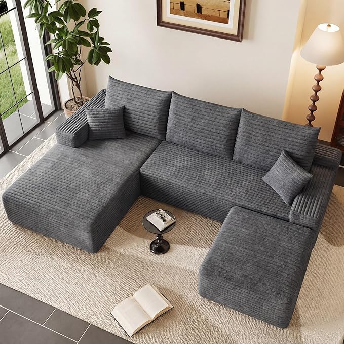 95" U-Shape Cloud Couch, Modern Modular Sectional L-Shape Sofa with Ottoman, Corduroy Upholstered Couches Deep Seat Sleeper Chaise Longue for Living Room, No Assembly Required(Dark Gray, Left Facing)