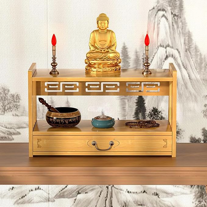 Low 3-Tier Meditation Table with Drawer,Bamboo Altar Tables,Puja Desks,Tatami Desk,20.4”W,Wood Color