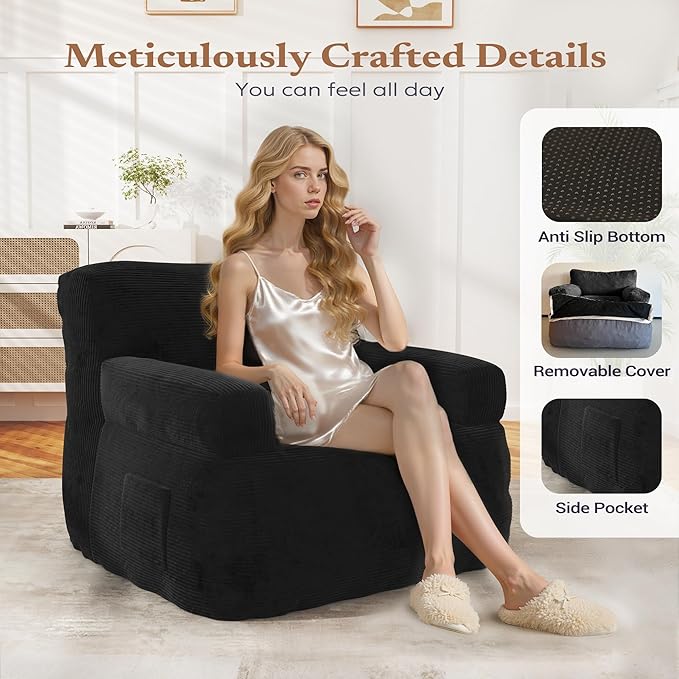 Giant Bean Bag Chair for Adults, Plush Big Bean Bag Lounger Chair with Shredded Foam Filling, Oversized Comfy Floor Sofa Couch with Side Pocket for Bedroom Living Room Black