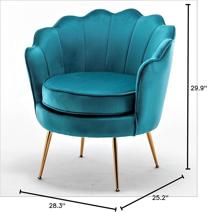 Container Furniture Direct Velvet Barrel Accent Chair with Scalloped Silhouette and Gold Metal Legs, Decorative Piece Suitable for Traditional, Modern, and Contemporary Spaces, Greenish Blue
