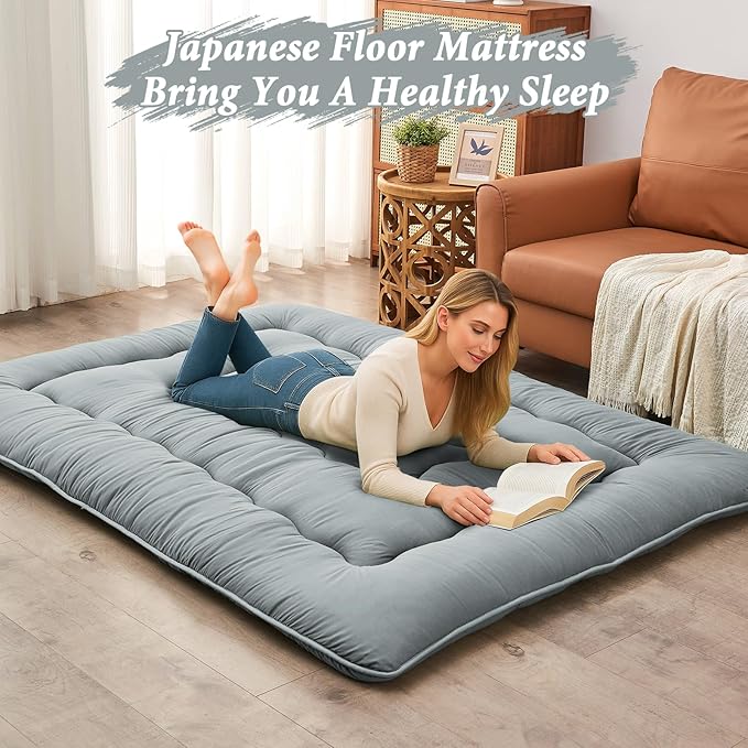 DAICO Japanese Floor Mattress, 4'' Thicken Futon Mattress Tatami Mat, Sleeping Pad Foldable Roll Up Mat for Camping and Guest Room, Full Size 54''*80'', Grey
