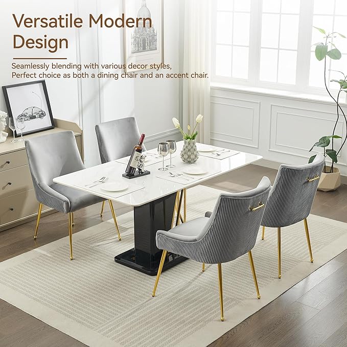 WUTUTUEE Velvet Dining Chairs Set of 4 Gold Legs,Upholstered Velvet Accent Chairs, Pleated Back Design & Gold Pull Handle, Mid Century Modern Chairs for Dining/Kitchen/Living Room,Light Grey
