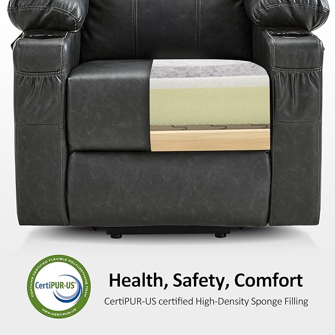 MCombo Large Power Lift Recliner Chair for Elderly, Lift Chair with Heat and Massage for Tall People, Extended Footrest, USB & Type C Ports, Cup Holders, Faux Leather 7516 (Large, Grey)