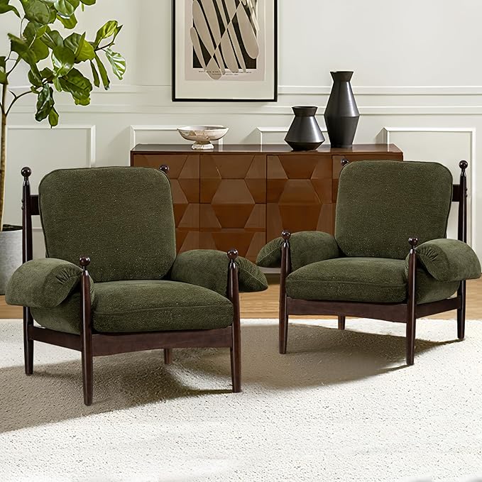AQO Mid Century Modern Accent Chair with Arms, Upholstered Spindle Chair with Wood Frame, High-Resilience Sponge Cushion for Living Room Bedroom Office