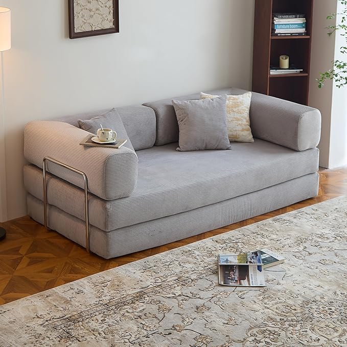 LIAROO 98.4" Convertible Sofa Bed - Compression Sofa with Corduroy Fabric - with Armrests and Backrest - Modular Sectional for Living Room, Bedroom, Studio - Compression Sofa in Box (Grey)