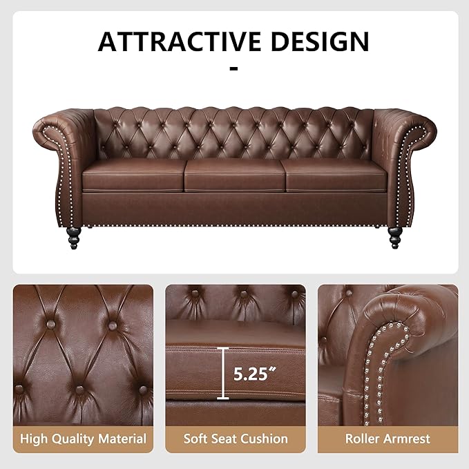 QHITTY Accent Large Sofa, Chesterfield Couch 3 Seater Modern Leather Couch Upholstered Sofa with Tufted Back for Living Room Furniture (Dark Brown)