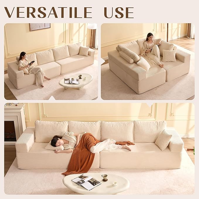 Chaise Lounge Chair, Sleeper Couches, Boneless Couch for Living Room and Bedroom, Corduroy, White