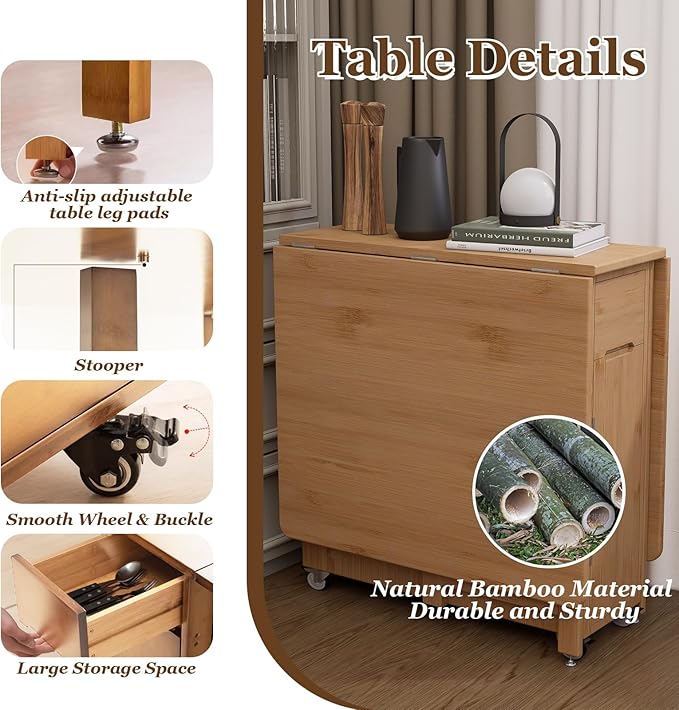Folding Drop Leaf Dining Table with 2 Storage Space and 4 Lockable Wheels, Convertible Dining Table cart for Small Spaces Dining Room. (Wood)