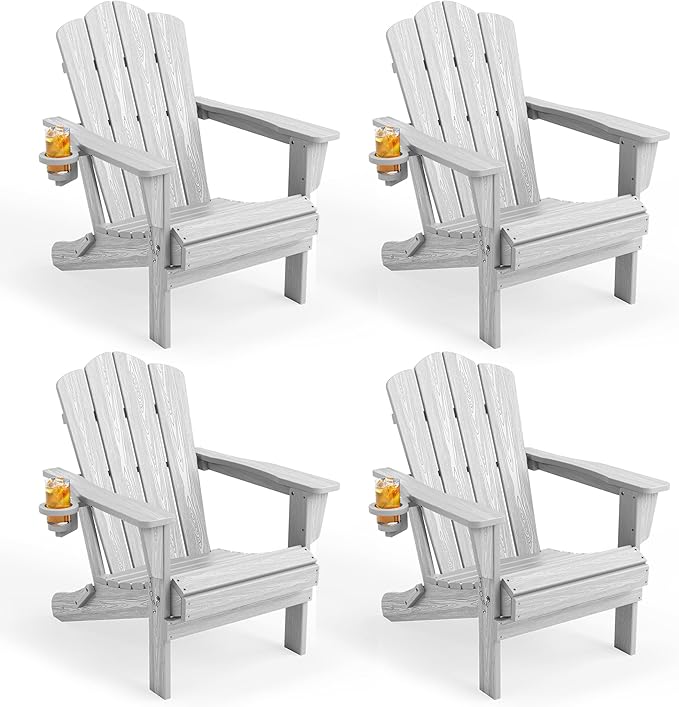 KINGYES Folding Adirondack Chair Set of 4, HDPE All-Weather Patio Chairs with Cup Holder, Wooden Textured Fire Pit Chairs for Poolside, Backyard, Deck, Silver Grey