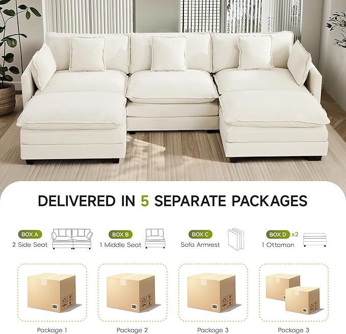 UMBFUN 3-Seater Cloud Couch with 2 Ottomans, Oversized Modular Sectional U Shaped Sofa with Deep Seat Cushions, Comfy Chenille Couch for Living Room, Beige