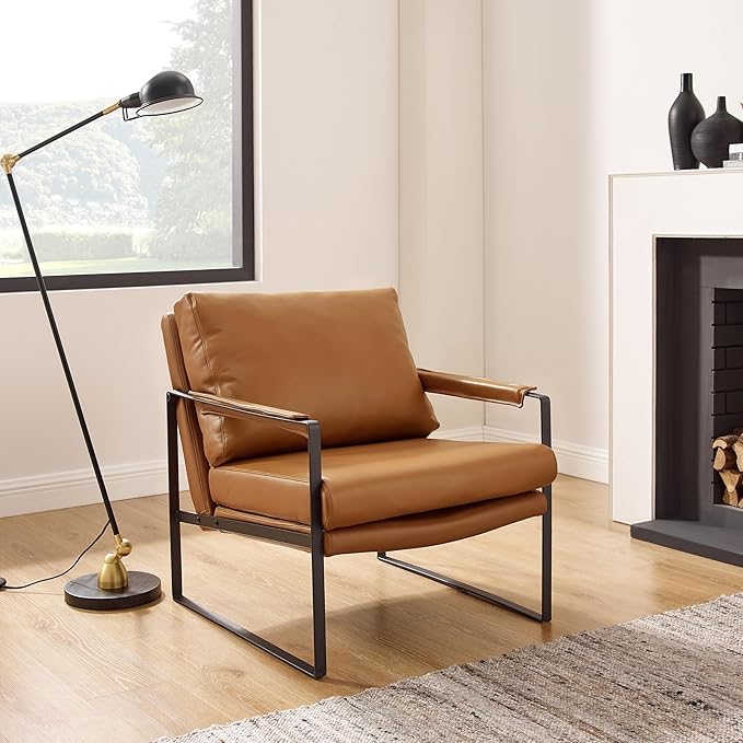 Zouron Genuine Leather Accent Chair, Mid Century Modern Chair with Black Metal Frame, Single Sofa Chair, Upholstered Lounge Reading Armchair for Living Room Bedroom, Brown