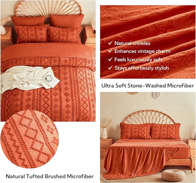 MR&HM Full Size Bed Sheets and Comforter Set Terracotta, 7 Pieces Tufted Boho Beddding Sets, Farmhouse Bed in a Bag with 1 Comforter, 2 Pillow Shams, 2 Pillowcases, 1 Flat Sheet, 1 Fitted Sheet