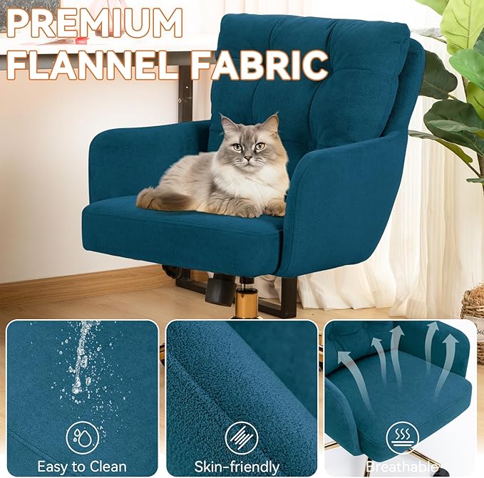 BALIAA Flannel Office Chair, Comfy Home Office Desk Chairs with Lumbar Support, Modern Velvet Desk Chair Gold Legs Small Swivel Task Chair for Home Office, Bedroom, Study (Blue, L)