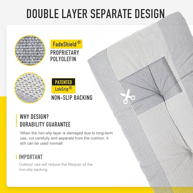 SUNROX LokGrip Non Slip Tufted Memory Foam Bench Cushion, FadeShield Water Resistant Durable Thicken Outdoor/Indoor Bench Seat Pads 30x14x4 inch, Heather Grey