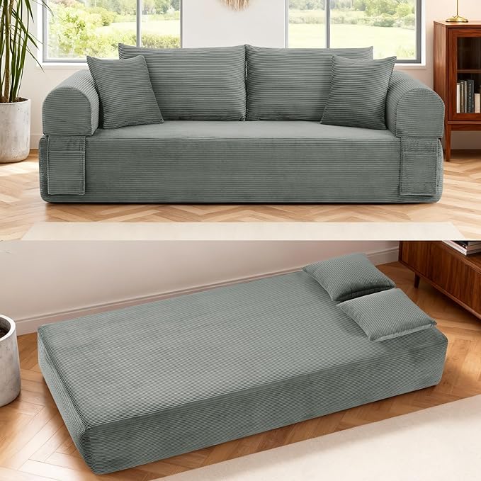 GJQ Convertible Floor Sofa Bed,83" 3 Seater Couch with Pillow Back & Storage Pockets,Corduroy Boneless Couch for Living Room,Compressed Sofa in a Box No Assembly,Light Gray