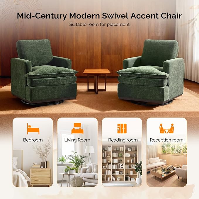 VINGLI 360° Swivel Mid-Century Modern Accent Armchair with Double-Layer Seat Cushions, Comfy Single Square Sofa, Upholstered Club Chair for Living Room,Bedroom, Reading Room, Chenille Green