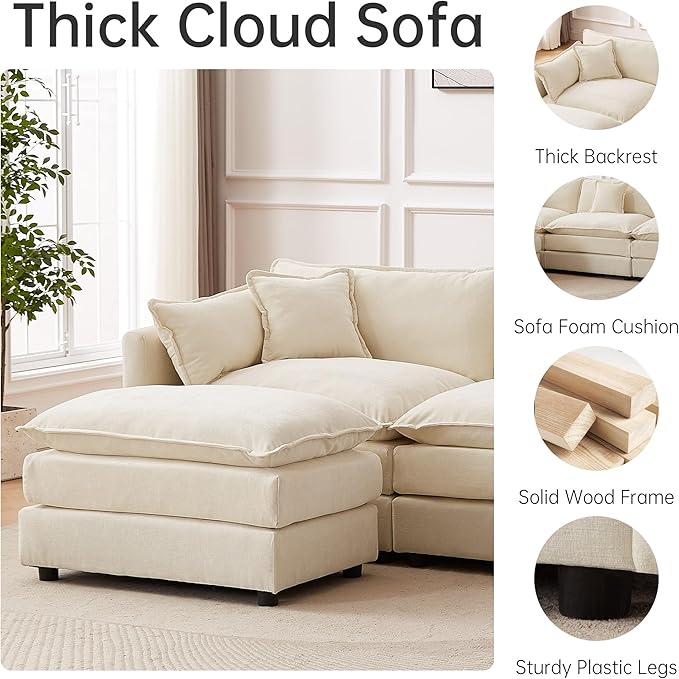 saows Modular Sectional Sofa, 147.2 Inch U Shaped Couch Set with Armrests, 4-Seater Comfy Cloud Couches with Movable Ottoman for Living Room Apartment, Beige