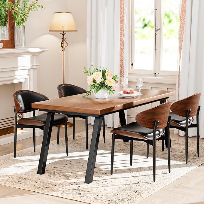 YaFiti Dining Chairs Set of 6, Dining Room and Kitchen Chairs, Mid Century Modern Retro Chair, Upholstered PU Leather Chairs for Vanity with Walnut Bentwood and Metal Legs (Black)