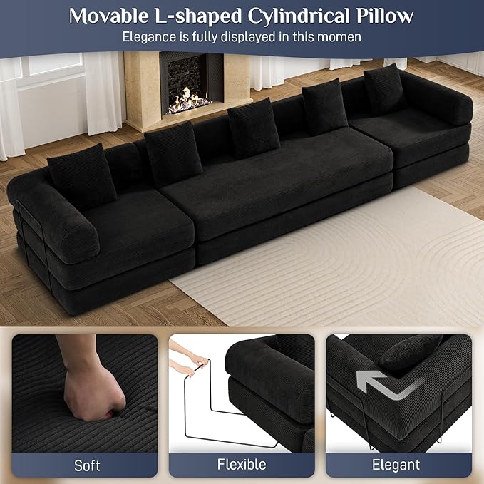 DAMAIFROM 157" Modular Sectional Loveseat Sofa Cloud Boneless Couch, Modern Sleeper Sofa for Customizable Living Spaces, Cozy Modular Couch for Indoor Room, No Assembly Required, Black