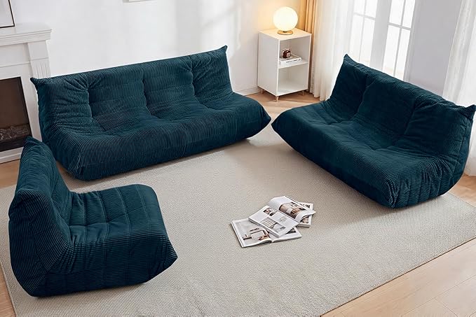 Bean Bag Chair,Giant Beanbag Chairs for Adults,Comfy Large Fireside Chair Lazy Sofa,Corduroy Bean Bag Lounger with Memory Foam Filled,Floor Sofa Couch for Living Room (Navy Blue, 3-Seater)