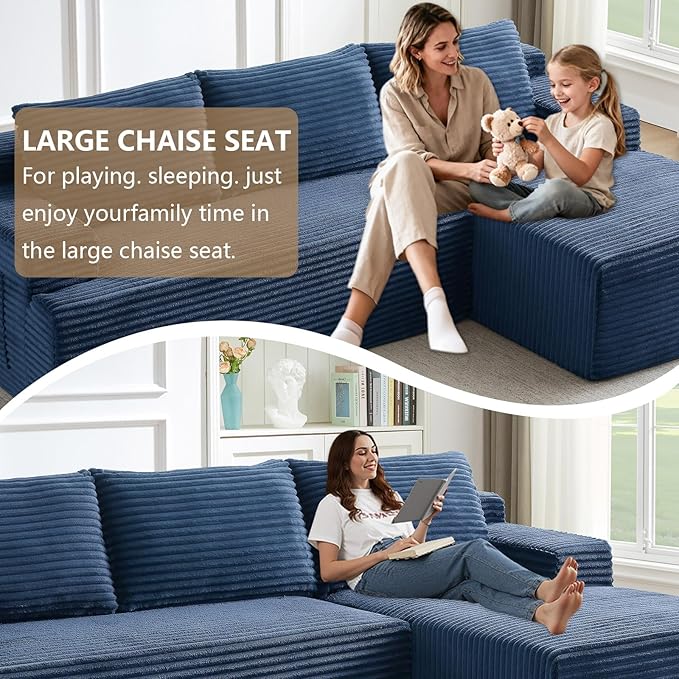 96.1" Modular Sectional Sofa Couches L-Shape Couch 3 Seat Modular Sofa Corduroy Memory Foam Sectional Boneless Couches for Living Room, Cloud Couch with Oversized Chaise(Blue, Right Facing)