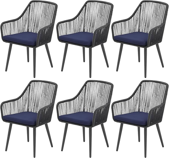 Patiorama Outdoor Dining Chairs, Patio Dining Chair Set of 6, All-Weather Woven Rope Rattan Chairs, Outdoor Dining Wicker Chair with Armrests for Indoor Balcony Pool Backyard(Blue)