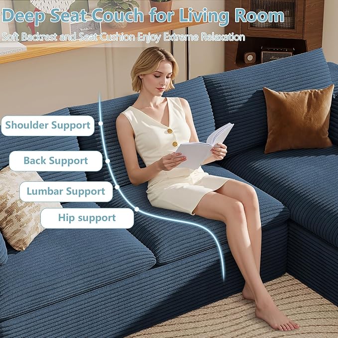 107" Cloud Sectional Couch with L-Shape Chaise, Modern Corduroy Viral Boneless Sofa for Living Room,Memory Foam Couches in a Box with Deep Seat,No Assembly Required (Blue,Right-Facing Chaise)