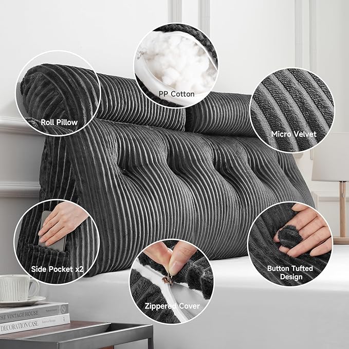 Z-hom Queen Size Wedge Headboard Pillow with 2 Roll Cushions, Large Reading Pillow for Bed Sitting Up, Triangular Backrest Cushion for Headboard, Supportive Pillow for Back Pain Relief, Grey